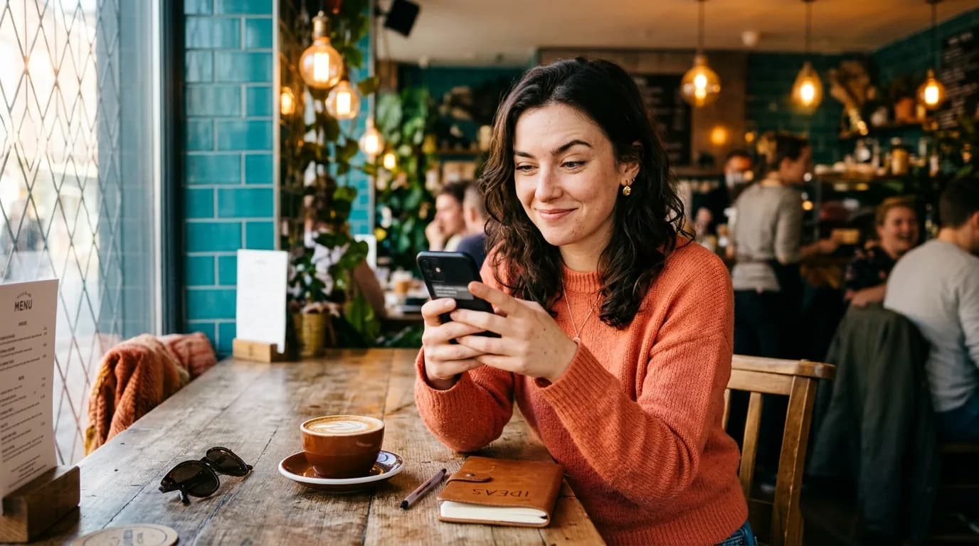 Una mujer joven en una mesa de café mirando con una leve sonrisa una app de citas en su smartphone, con un jersey coral y un café de azulejos turquesa detrás