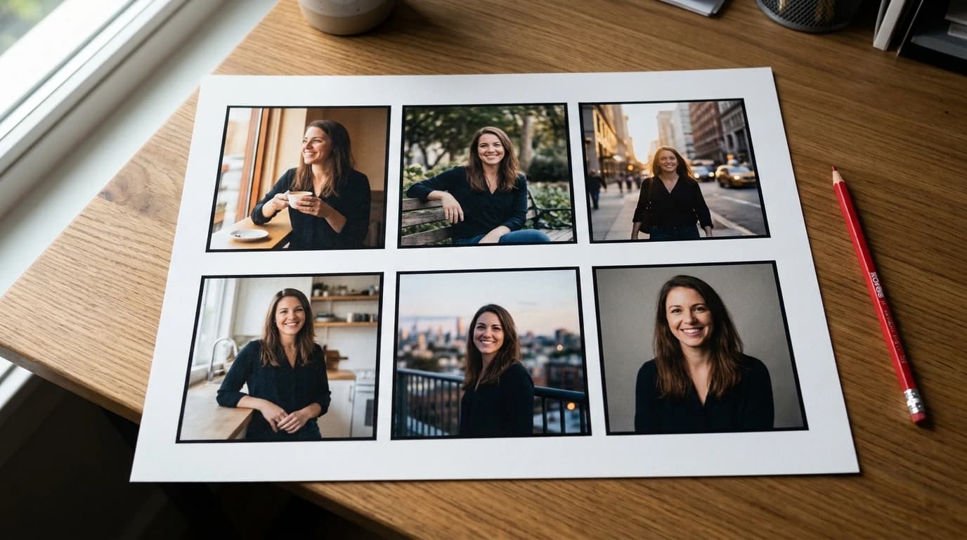 Folha de contatos com seis fotos impressas da mesma pessoa sobre uma mesa de madeira, ao lado de um lápis vermelho