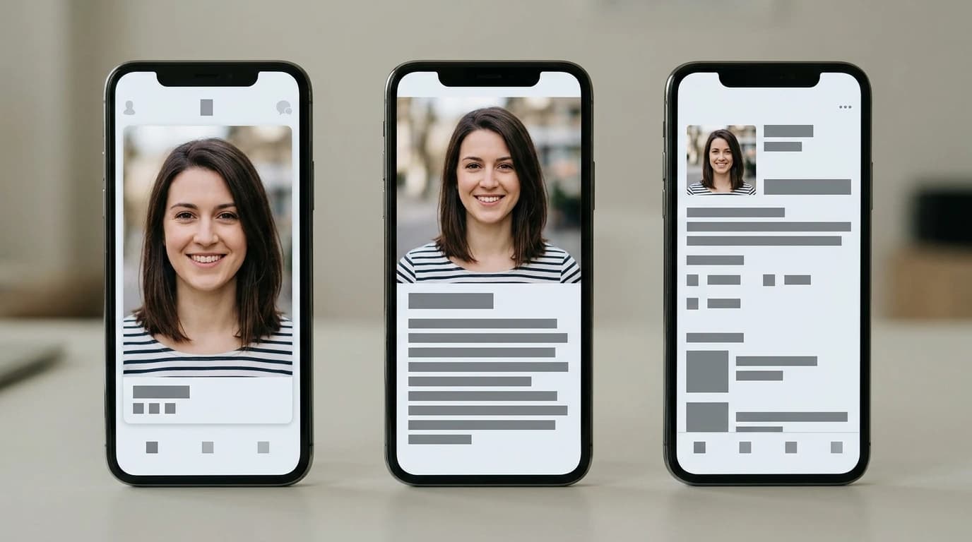 Três telas de celular lado a lado mostrando o feed de descoberta do Tinder, do Hinge e do Bumble com o conjunto de fotos da mesma pessoa
