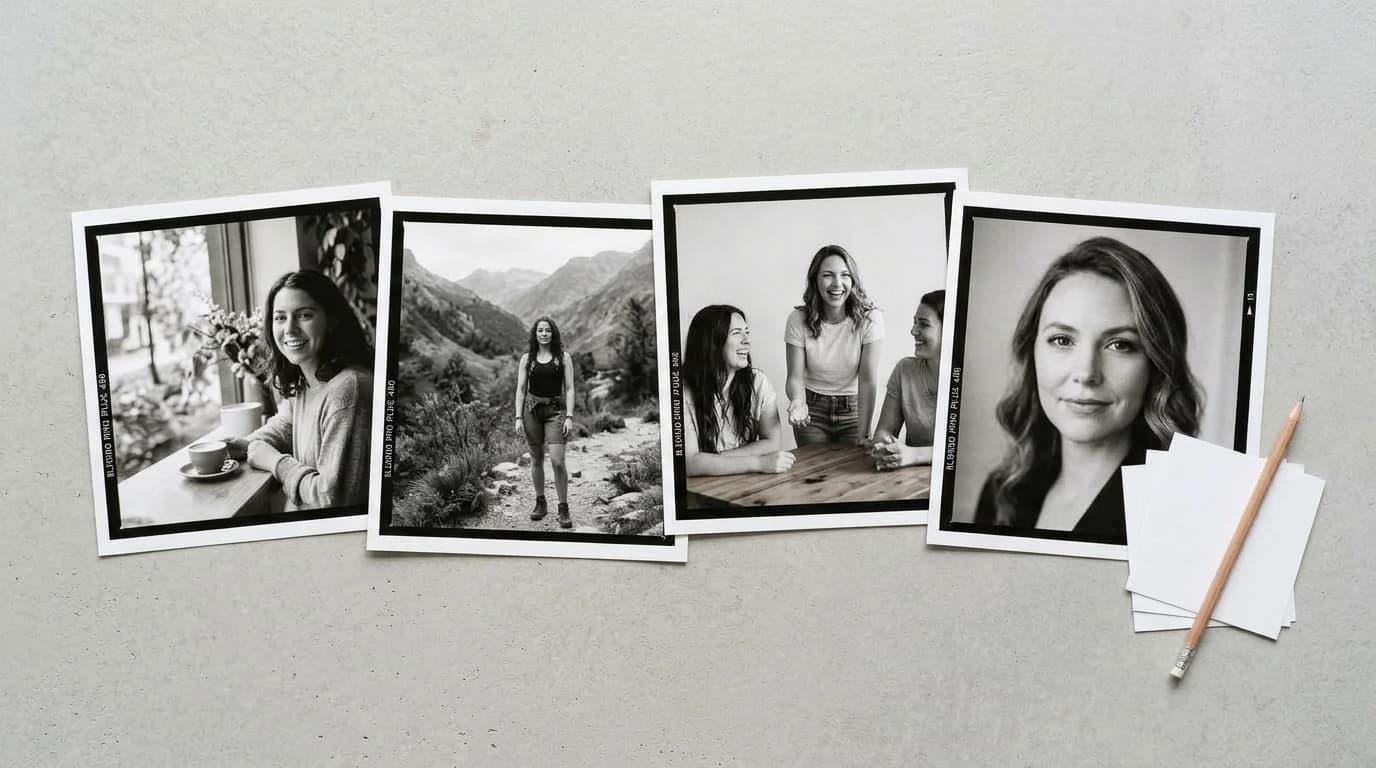 Quatro fotos impressas da mesma pessoa em um café, em uma trilha, com amigos à mesa e em um close de estúdio