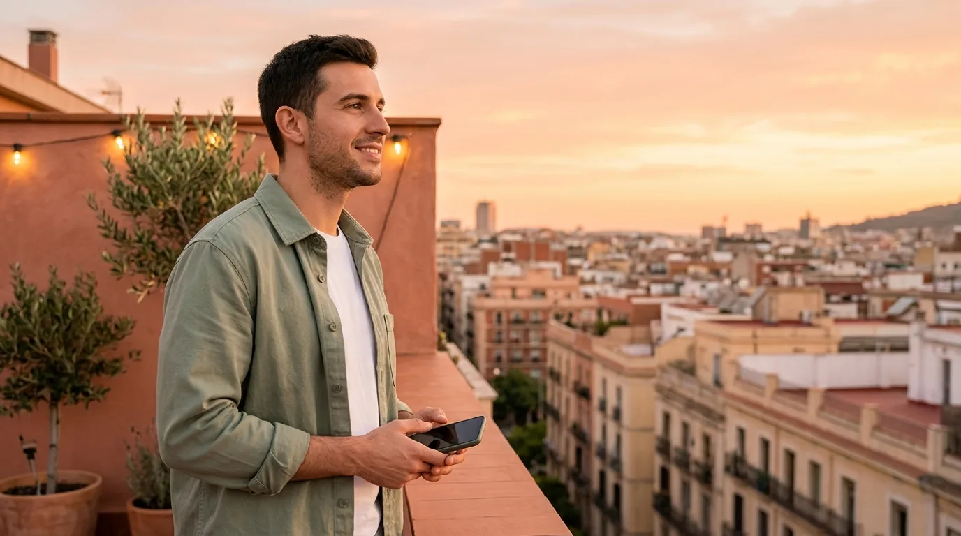 Un hombre con camisa verde salvia de pie en una azotea al atardecer, sosteniendo un smartphone y mirando el horizonte de la ciudad con una sonrisa de alivio