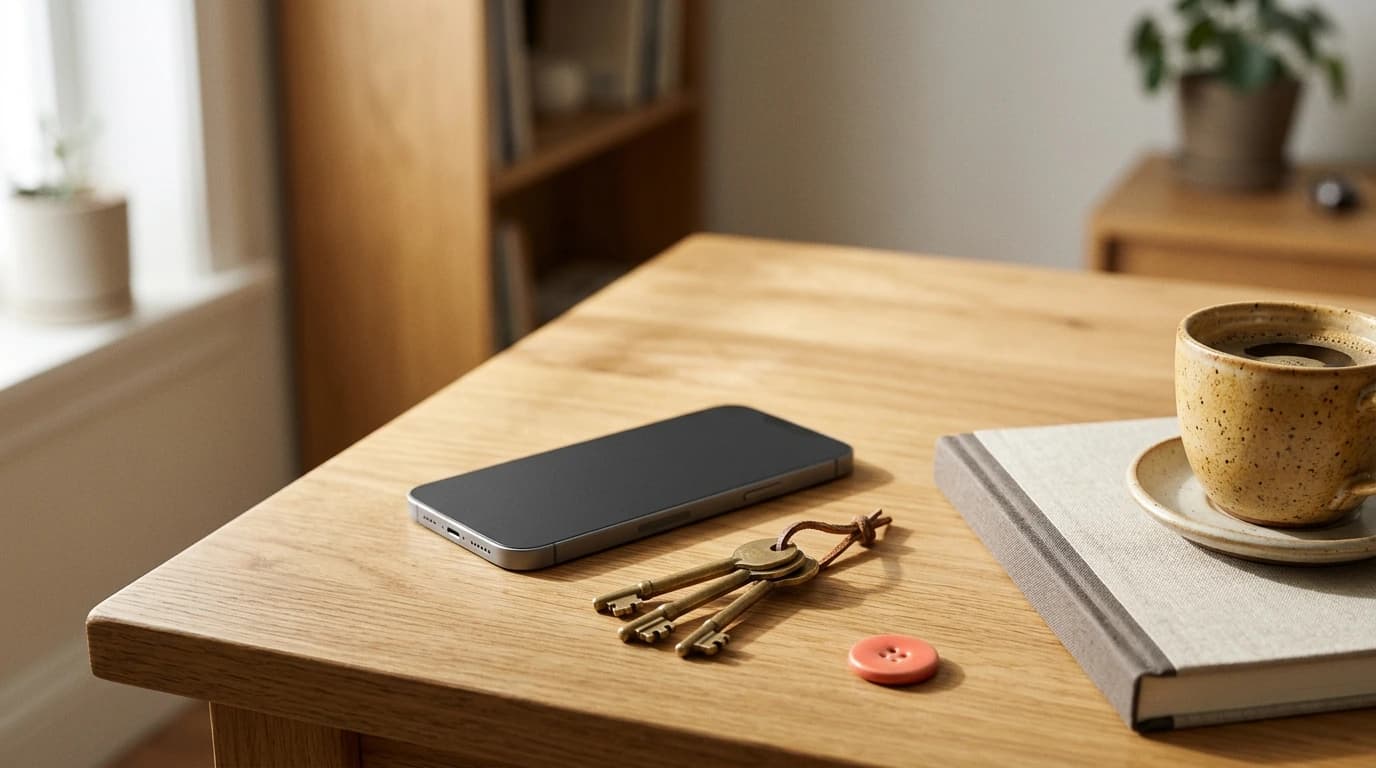 A phone with its screen switched off on a wooden table beside brass keys, a closed notebook and a cup of coffee