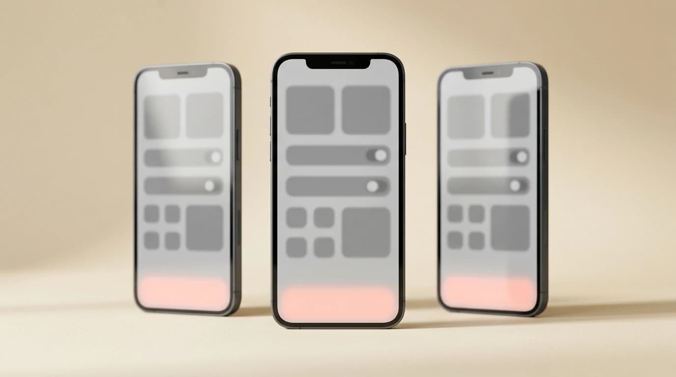 Three phones standing side by side, each showing an abstract settings screen with a single highlighted row at the bottom