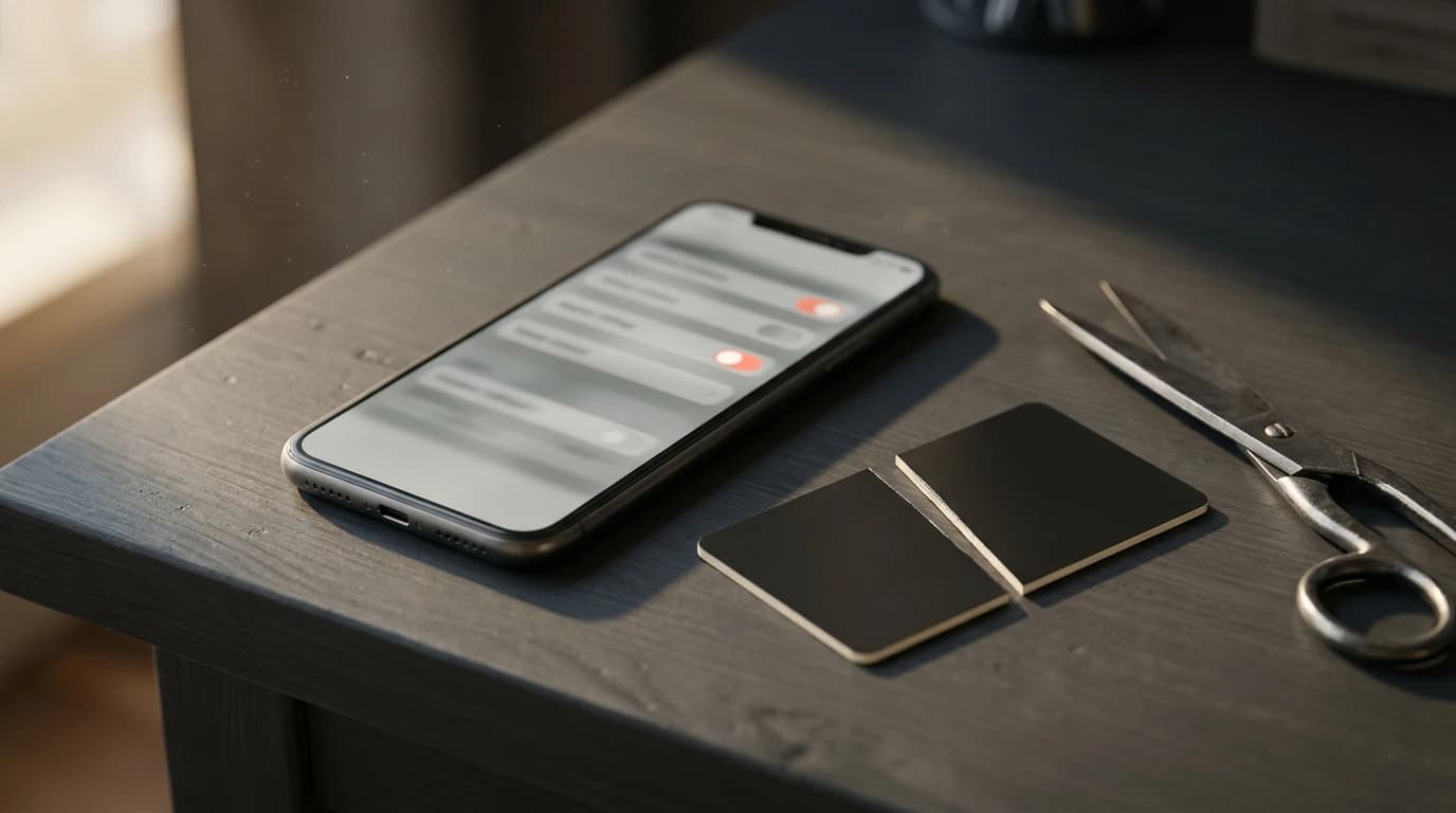 A phone displaying a cancellation screen next to a cut-up payment card on a dark desk
