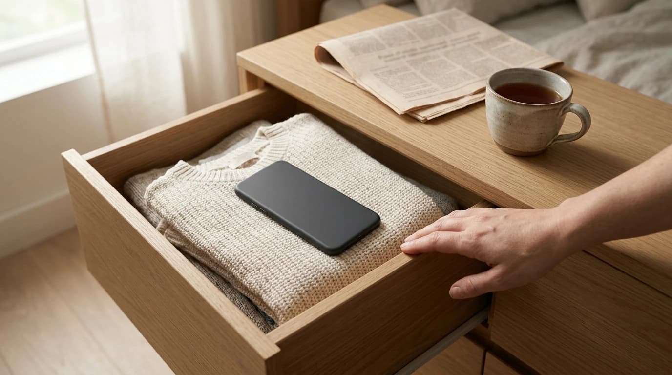 A phone face down inside an open drawer beside a cup of tea and a folded newspaper