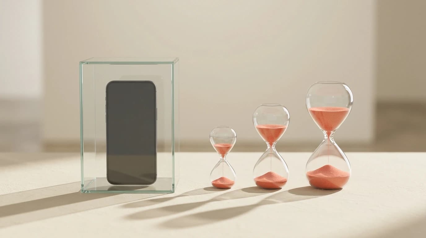 A phone sealed inside a clear glass case beside three hourglasses of increasing size, filled with coral sand
