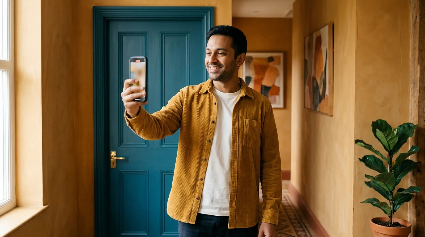Un hombre con camisa color mostaza de pie en un pasillo cálido de tonos ocre con una puerta turquesa, sosteniendo el móvil para grabar un selfie de vídeo