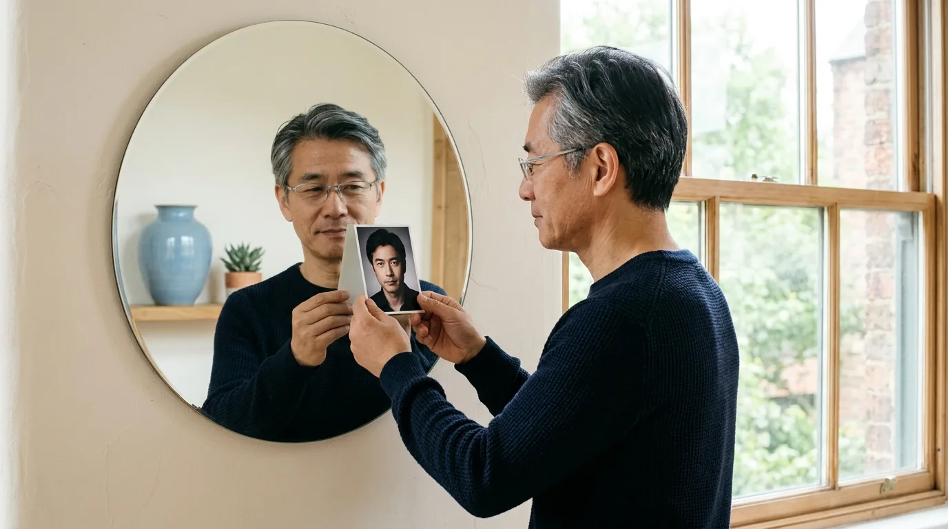 Un hombre sostiene un retrato impreso antiguo de un hombre más joven junto a su reflejo en el espejo, mostrando cómo una foto de perfil puede dejar de coincidir con la cara en directo