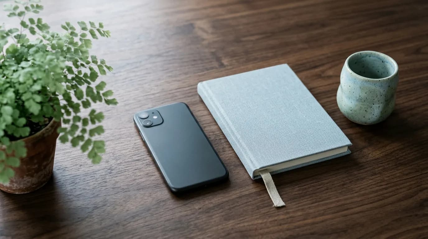 Una persona dejando el móvil boca abajo sobre una mesa junto a un cuaderno, con expresión tranquila y luz suave de ventana
