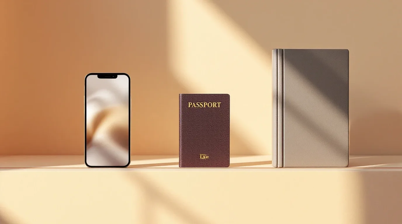 Tres objetos en fila sobre una superficie color crema: un móvil, un pasaporte y un libro de derecho, unidos por una fina línea coral