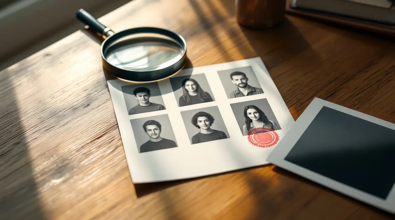 Una hoja de fotos de pasaporte con una lupa y un sello de rechazo coral