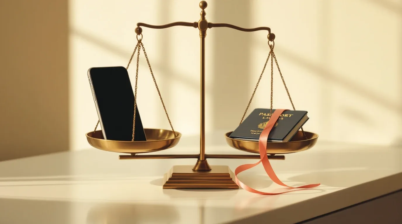 Una balanza con un móvil en un plato y un pasaporte y un libro de derecho en el otro