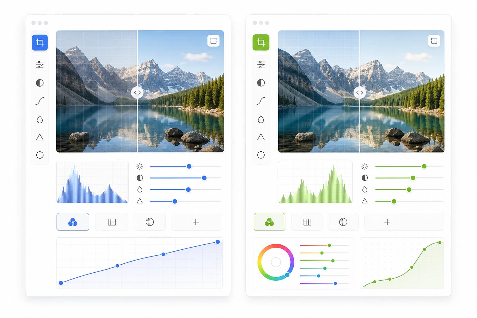 Comparación lado a lado de dos interfaces abstractas de editores de fotos