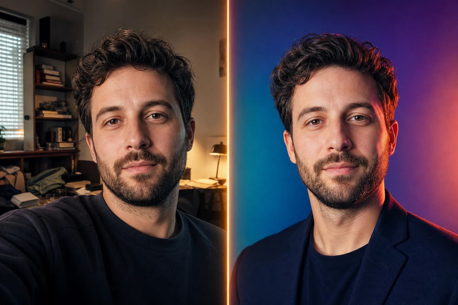 Antes y después: selfie informal transformado en retrato profesional de LinkedIn