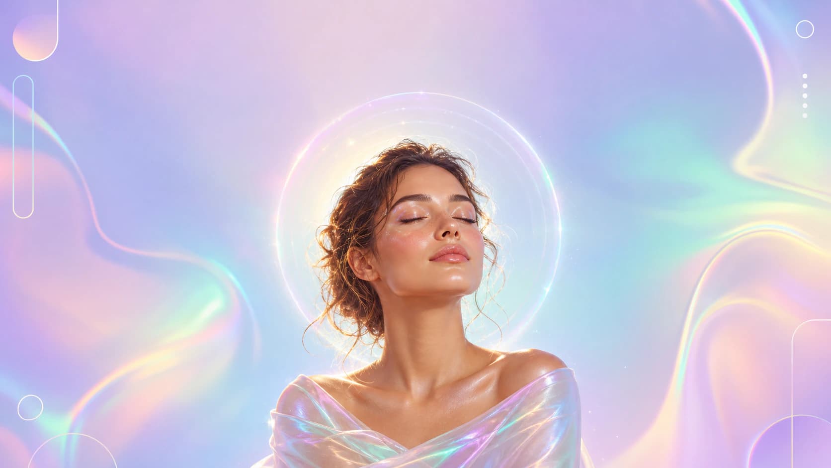 Un único retrato que brilla con un aura iridiscente y un halo suave sobre un degradado holográfico pastel, claridad de foto para Tinder e Instagram 2026