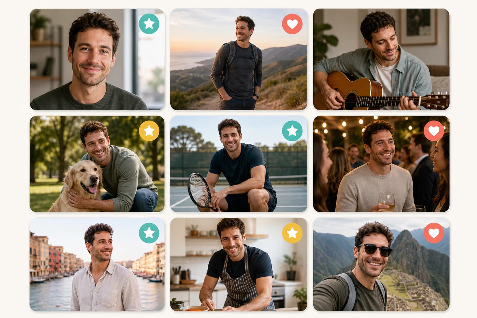 Cuadrícula ordenada de ejemplos de fotos de perfil para citas