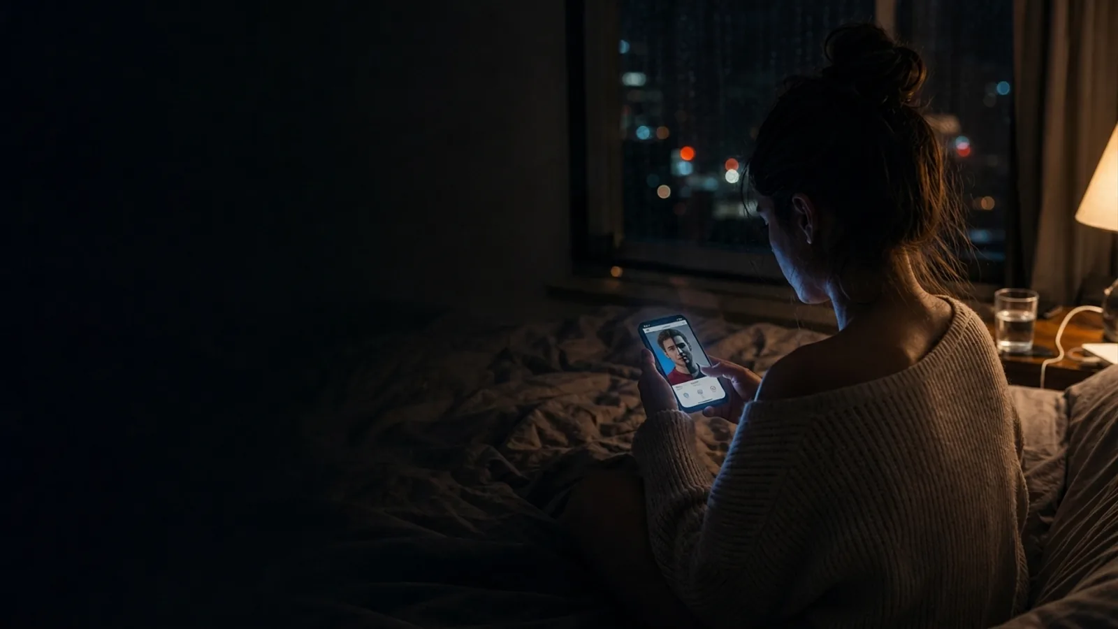 Mujer en la cama por la noche mirando un perfil de citas en su teléfono, iluminada por la pantalla en una habitación oscura