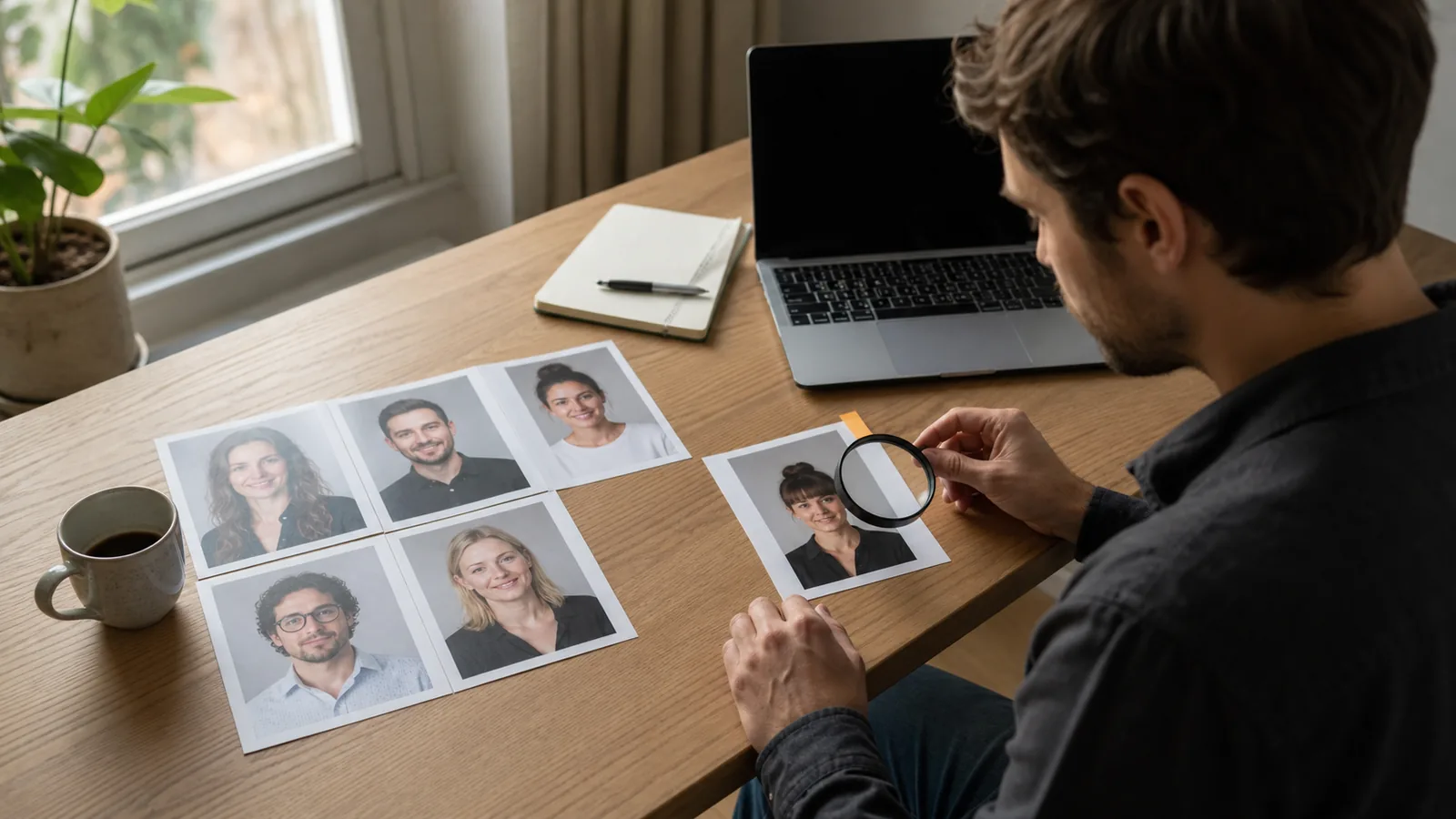 Hombre en un escritorio revisando seis fotos de perfil impresas con una lupa junto a un portátil
