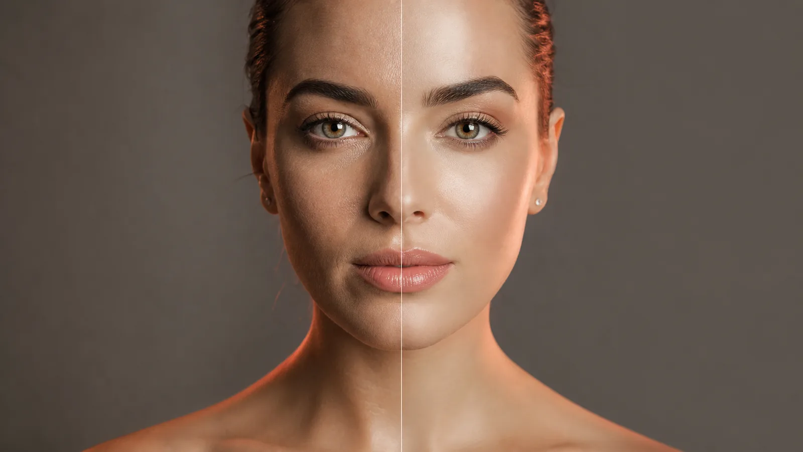 Retrato dividido del mismo rostro: textura natural de la piel a la izquierda, piel demasiado suavizada a la derecha