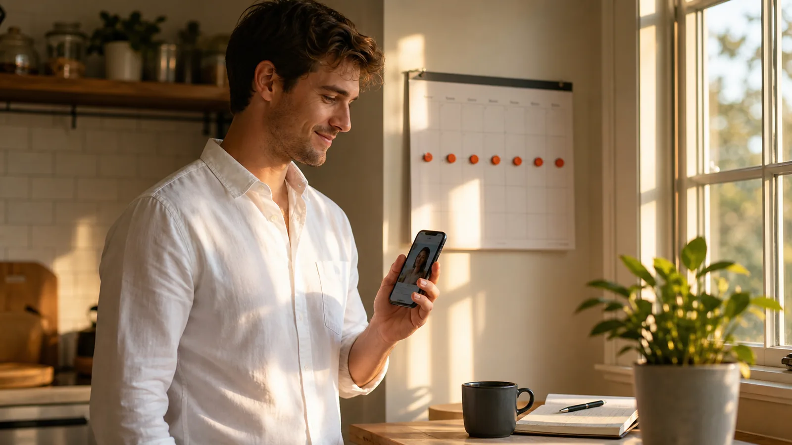 Hombre en una cocina soleada mirando su teléfono, con un calendario que marca siete días en la pared