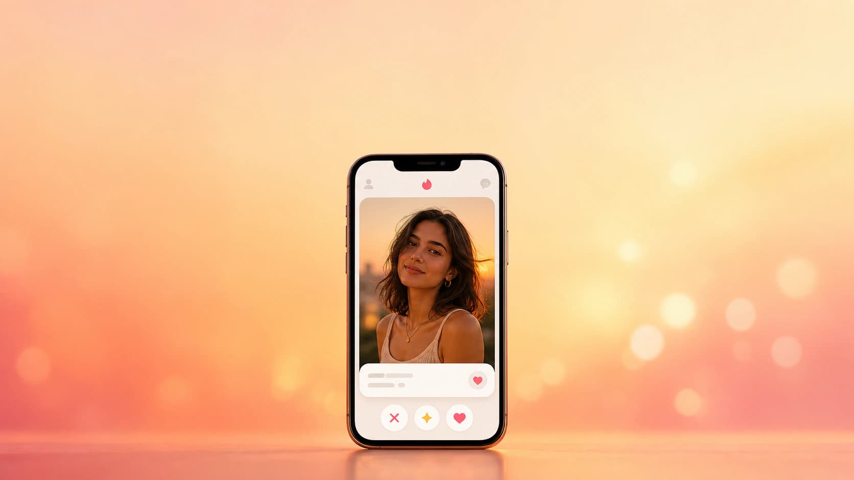 Smartphone moderno mostrando una foto de perfil de app de citas favorecedora y cálidamente iluminada sobre un degradado coral y dorado