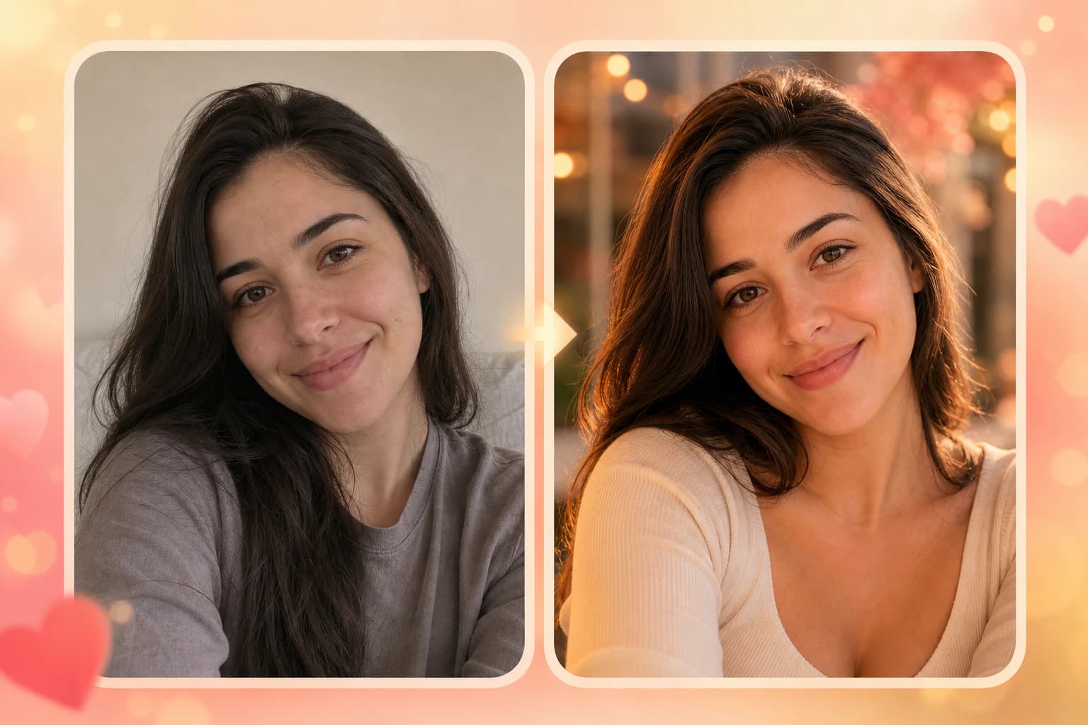 Antes y después: un selfie casual apagado mejorado en una foto de citas favorecedora y cálidamente iluminada