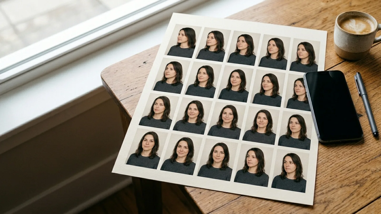 Una hoja de contactos con pruebas de retrato, un móvil y una taza de café sobre un escritorio de madera junto a una ventana, ilustrando las fotos de origen para un headshot con IA
