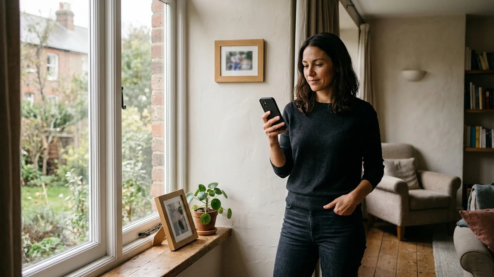 Una mujer revisando su móvil junto a una ventana grande, mostrando cómo la luz direccional suave puede iluminar un rostro para fotos de origen de headshots con IA
