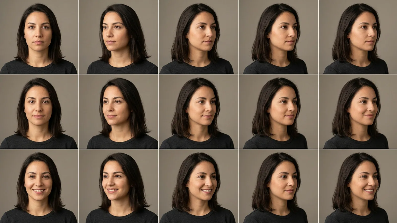 Una hoja de contactos de 5 por 3 de la misma persona con cinco ángulos y tres expresiones para fotos de origen de headshots con IA