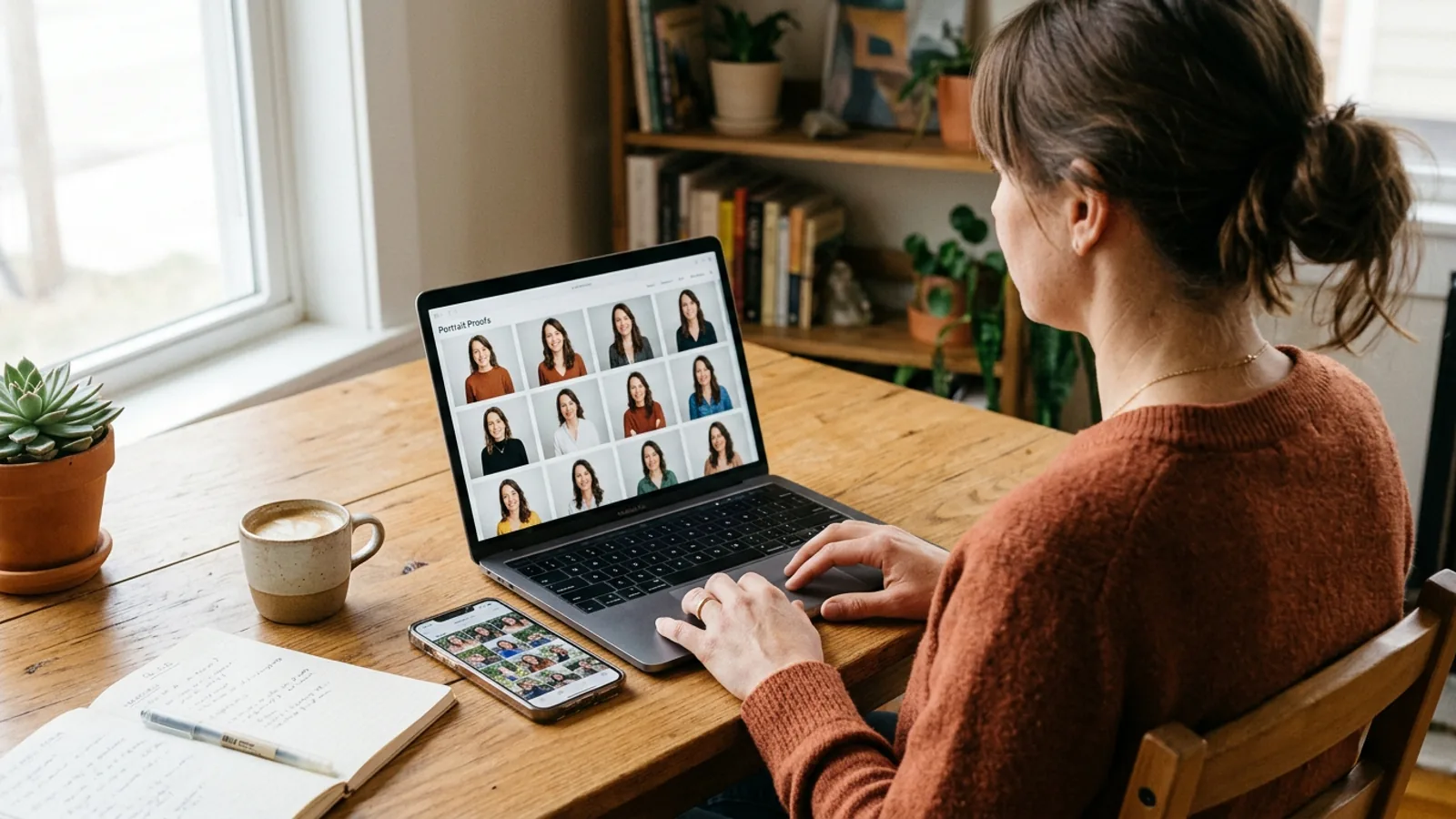Una mujer revisando una cuadrícula de pruebas de headshots con IA en un portátil junto a un móvil con fotos de origen, ilustrando el flujo de trabajo de Nothron