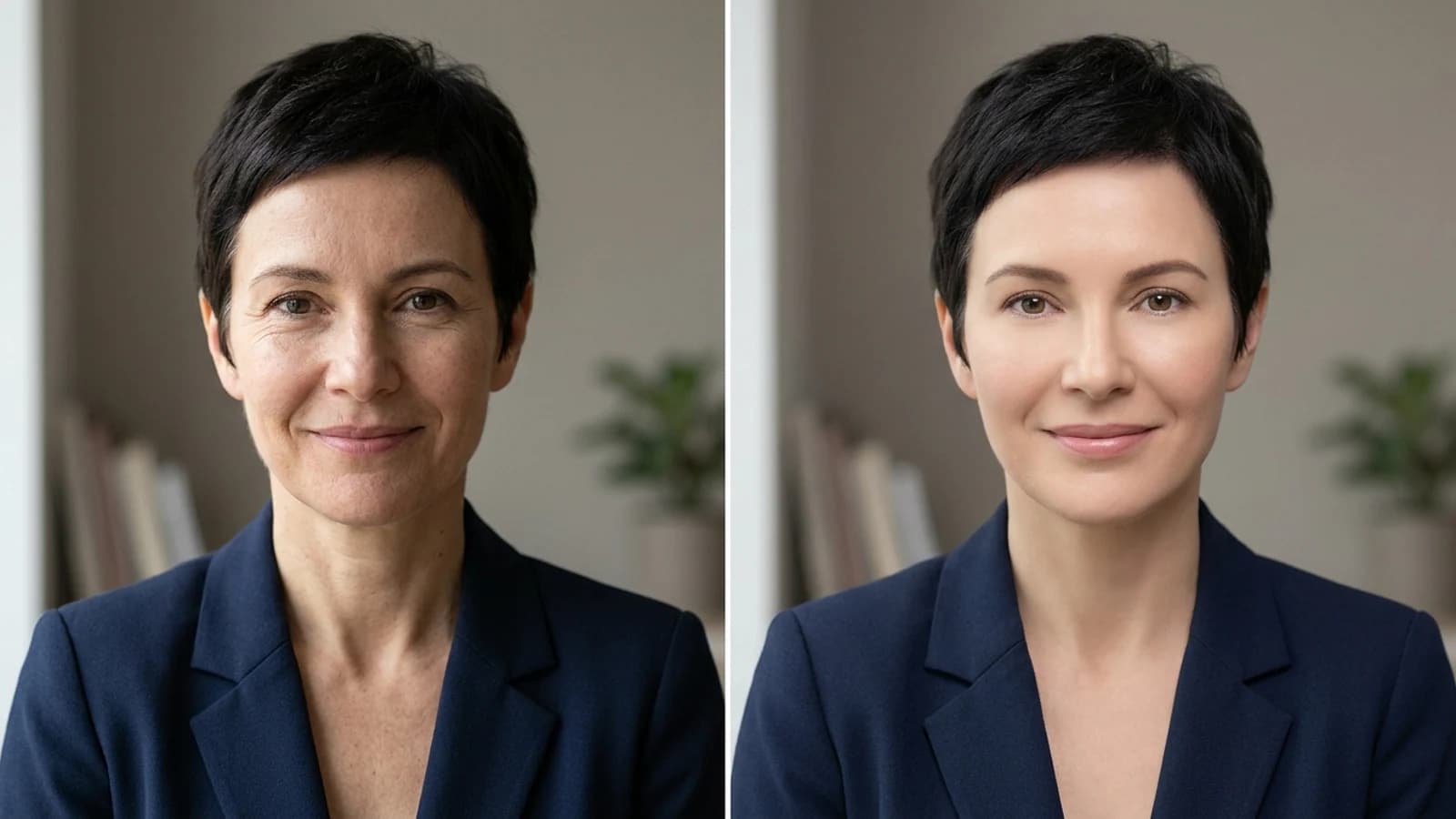 Comparación lado a lado de dos retratos de LinkedIn: uno natural y otro con retoque excesivo