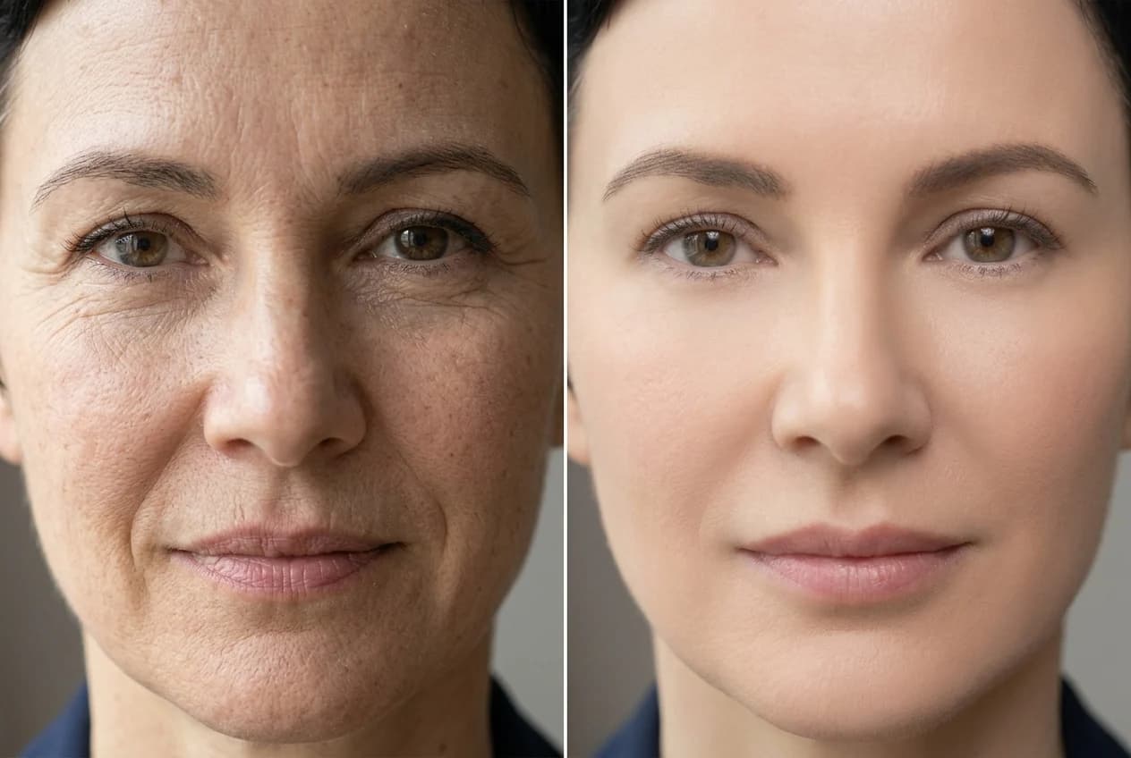 Primer plano del mismo rostro: a la izquierda, textura de piel natural; a la derecha, un retoque de aspecto plástico