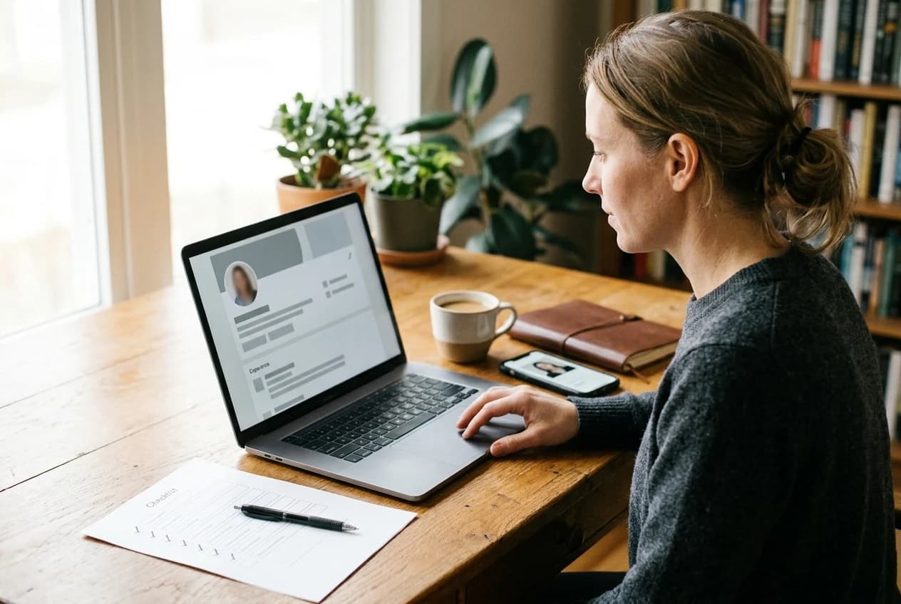 Persona revisando un perfil de LinkedIn en un portátil con una lista de comprobación al lado