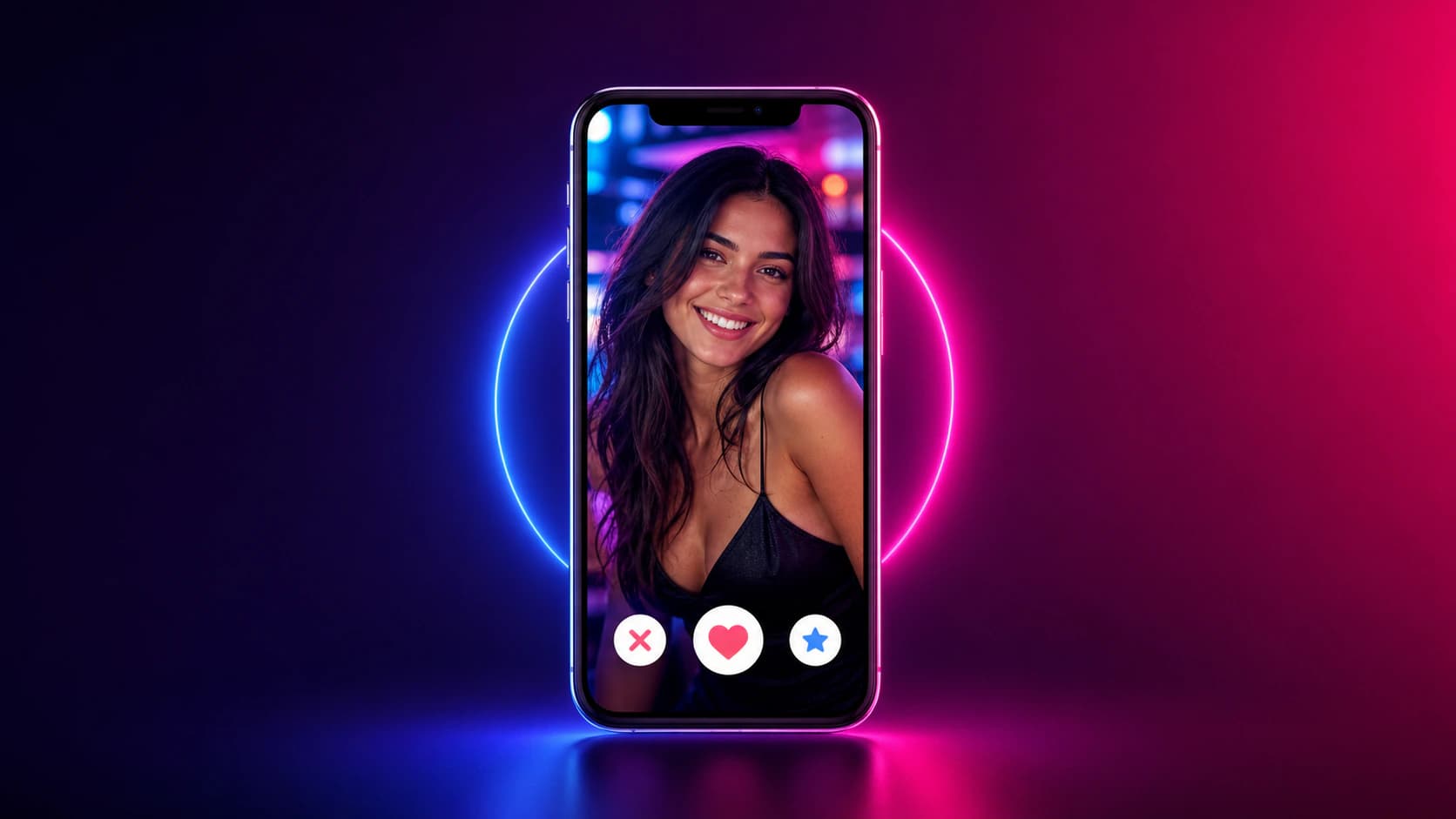 Portada en neón morado y rosa para la guía de fotos de perfil 2026: un único smartphone brillante que muestra un vívido retrato de perfil de citas
