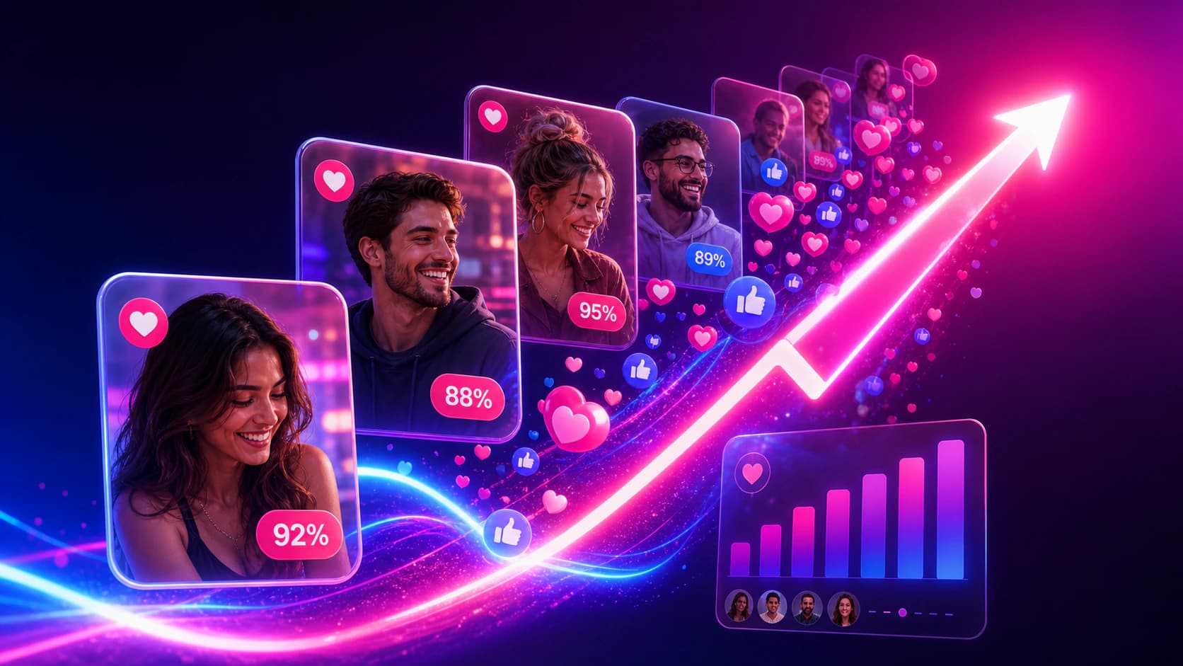 Matches y engagement en aumento con corazones, likes y una flecha ascendente en una app de citas