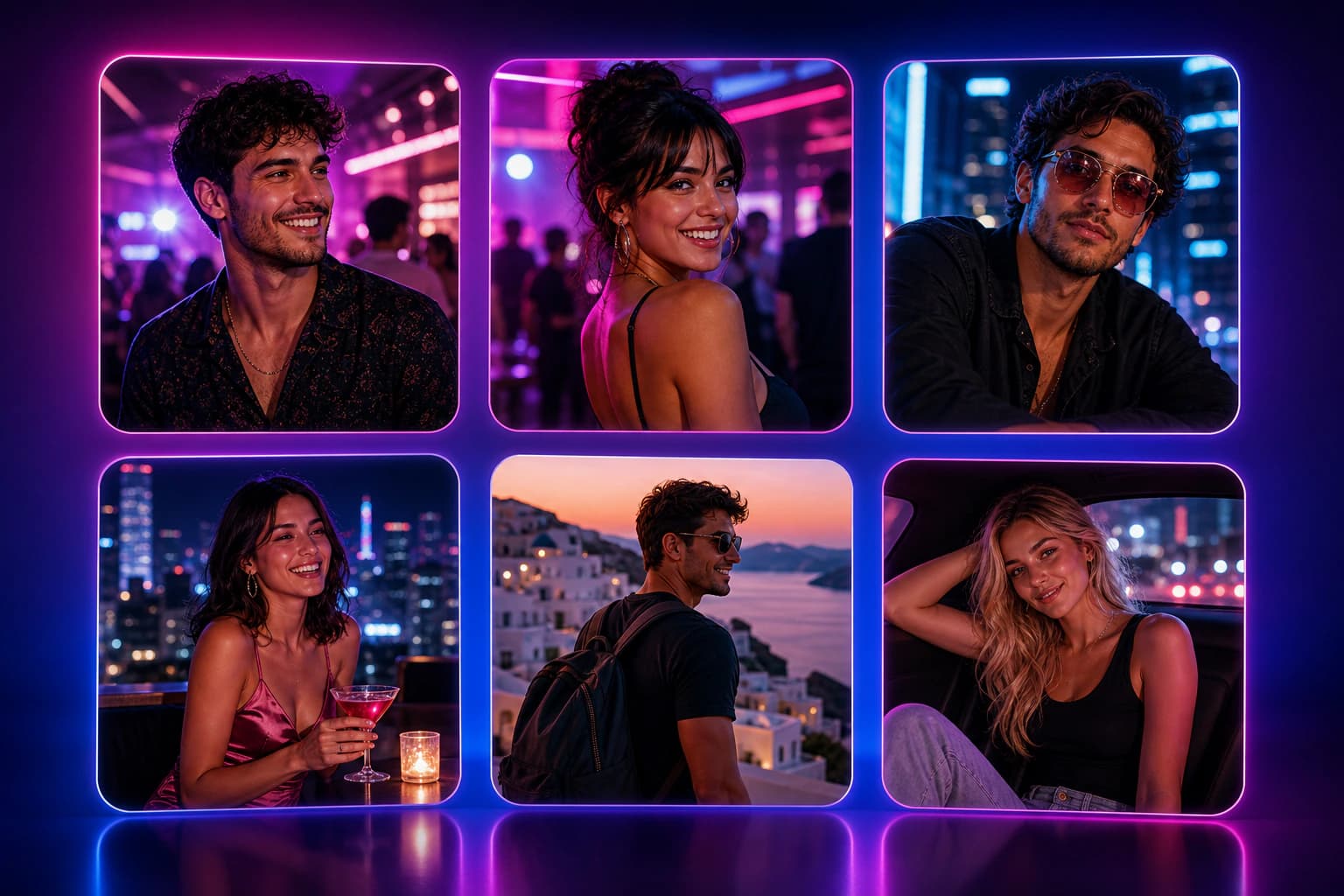 Cuadrícula estilo vida nocturna con atrevidos looks de fotos de perfil en neón morado y rosa