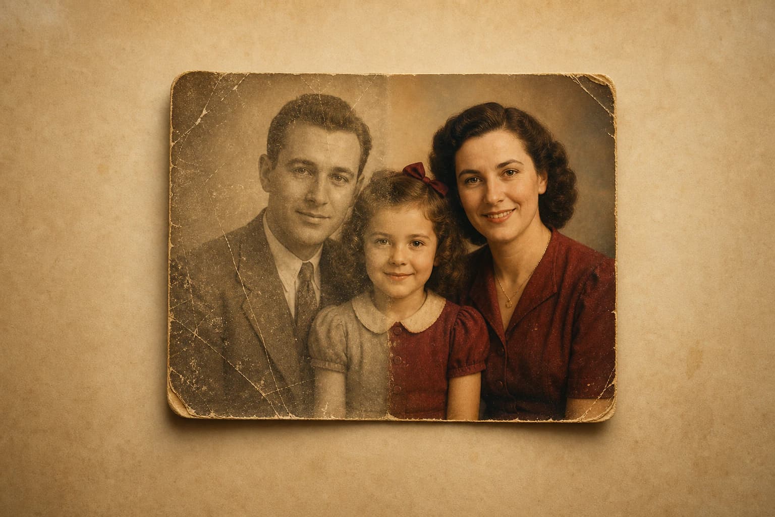Guía de restauración de fotos antiguas con IA de Nothron Legacy Touch mostrando una foto familiar sepia dañada restaurada en colores cálidos