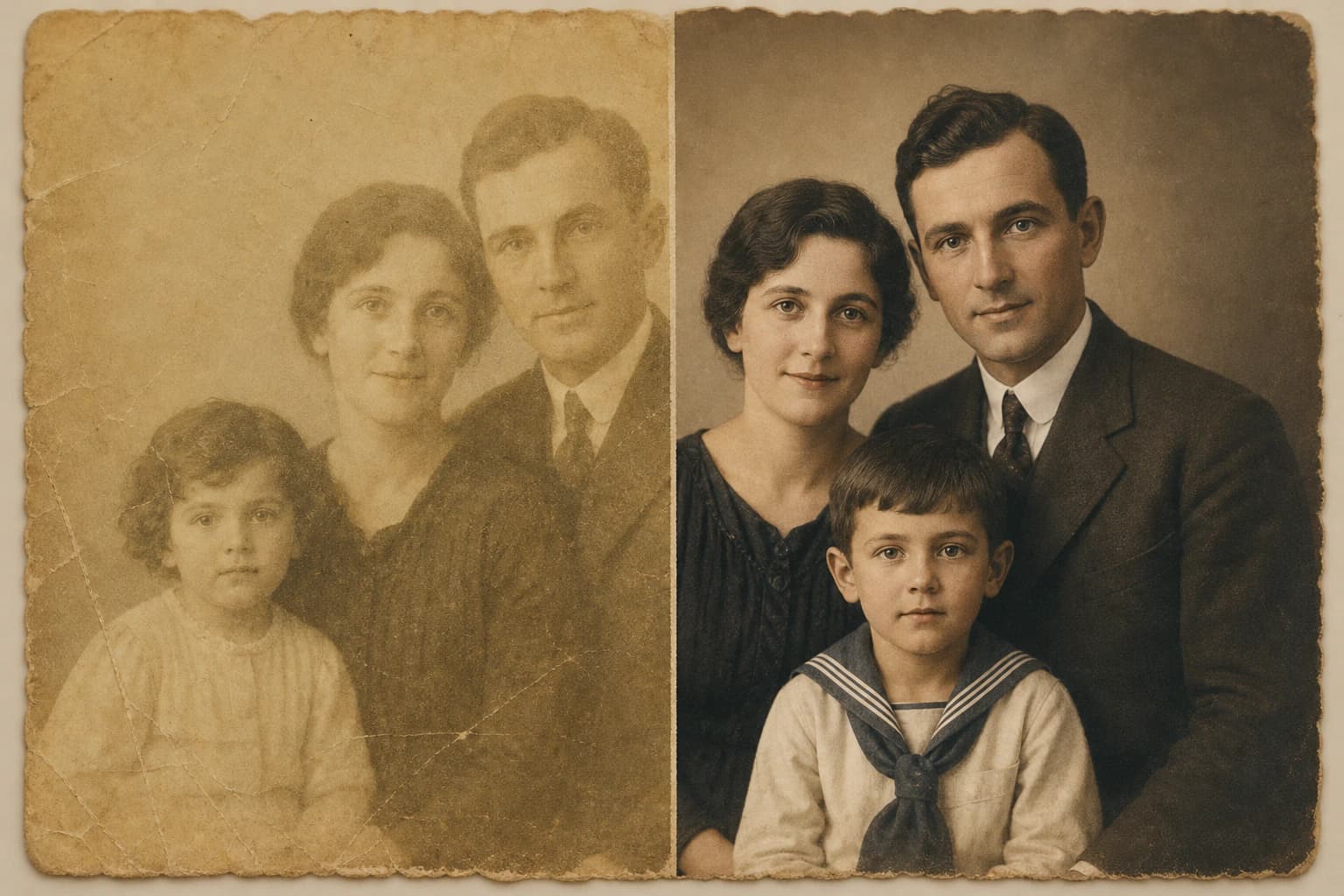 Antes y después de la restauración con IA de un antiguo retrato familiar dañado