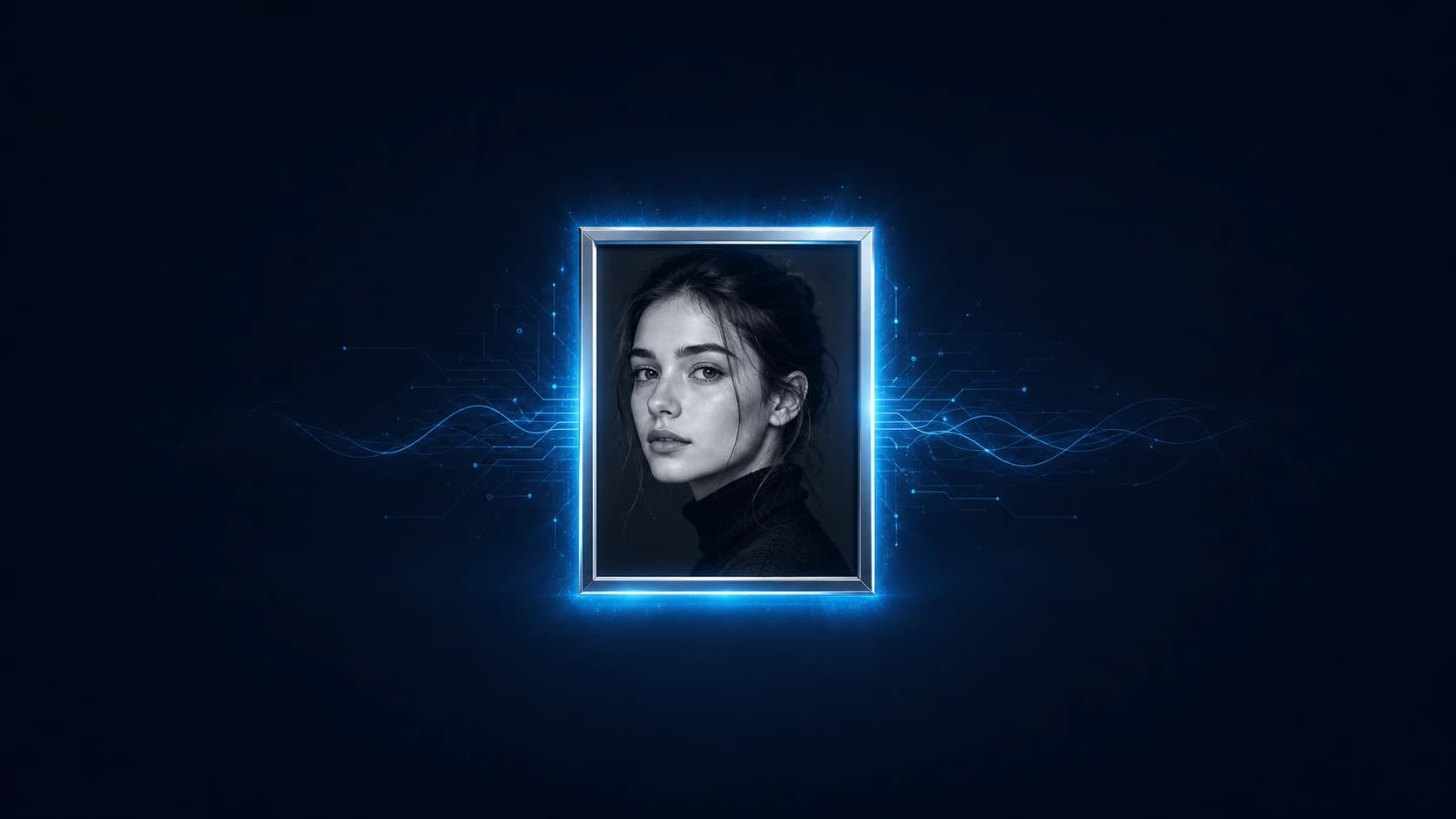 Nothron Neural Engine mejora de fotos con IA: un único retrato nítido que brilla con luz cian sobre un fondo azul marino profundo