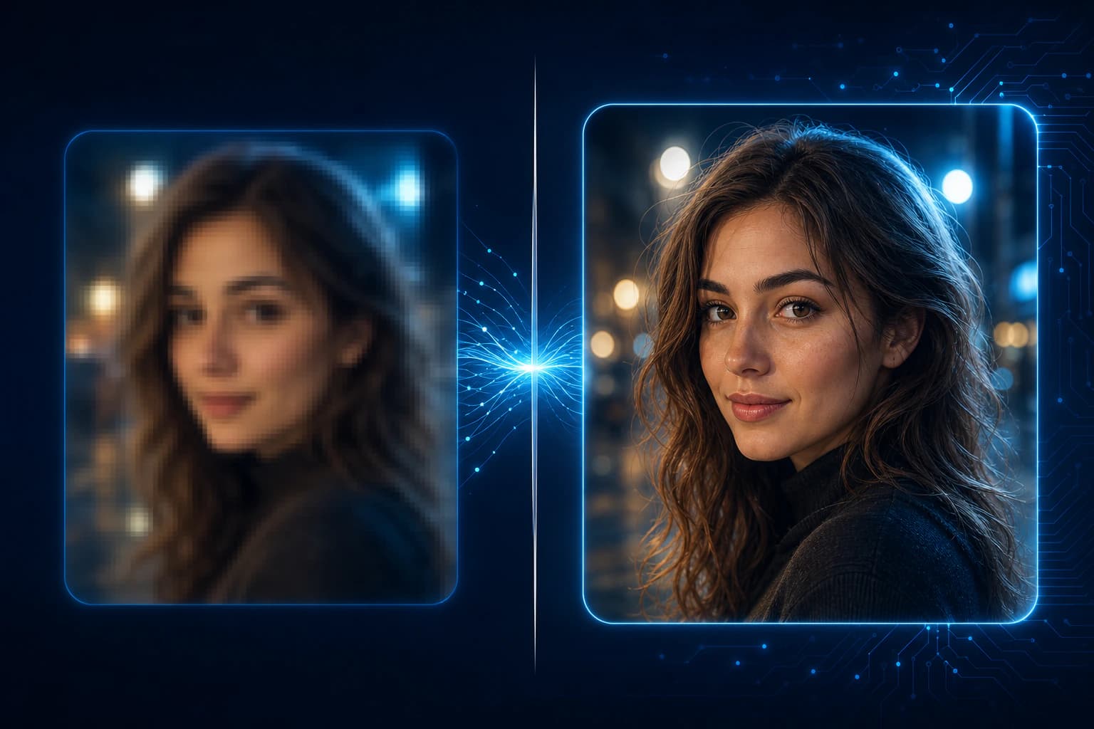 Comparación antes y después de una foto borrosa de baja resolución que se vuelve nítida y de alta resolución con la mejora de IA de Nothron Neural Engine