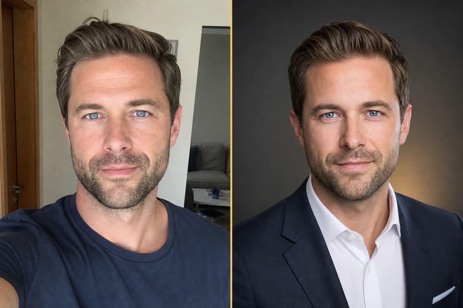 Antes y después: un selfie informal transformado en un headshot ejecutivo profesional con Nothron