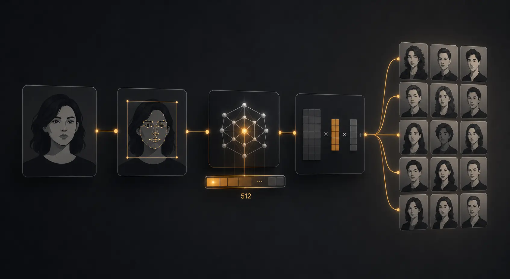 Diagrama del pipeline de generación de headshots con IA de Nothron: detección facial, vector de identidad, LoRA fine-tuning y prompt pool