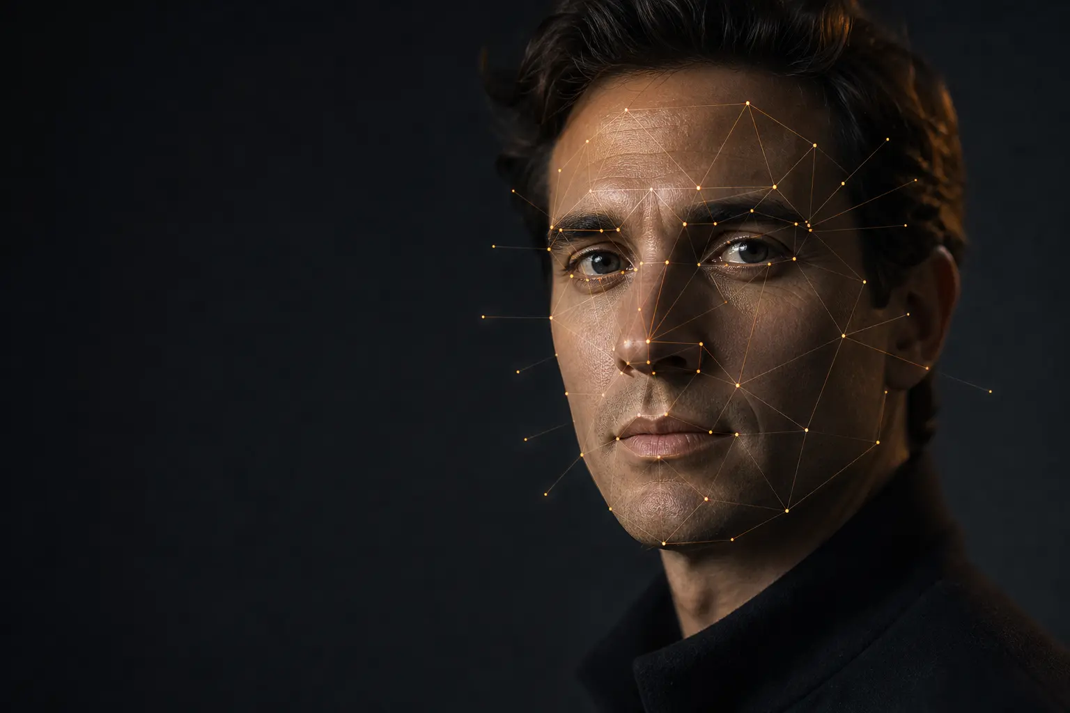 Malla de puntos faciales y mapeo de características en un retrato analizado por Insight Face ArcFace