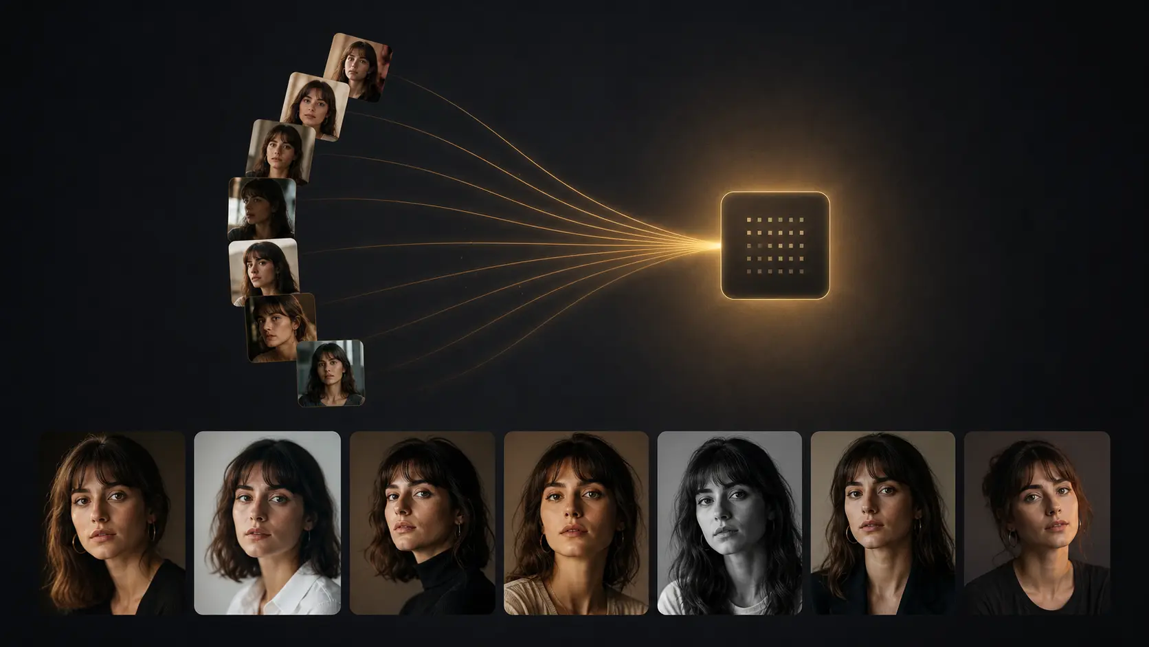 Concepto de entrenamiento LoRA y DreamBooth: muchas fotos de referencia convergiendo en un modelo personalizado