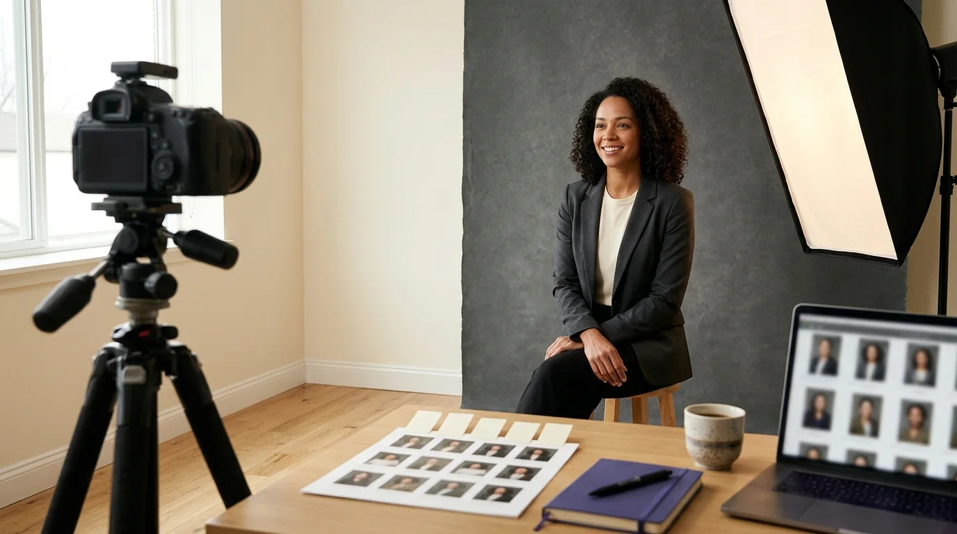 Estudio fotográfico profesional con un cliente, cámara, softbox, hojas de contactos y un portátil que muestra opciones de retrato
