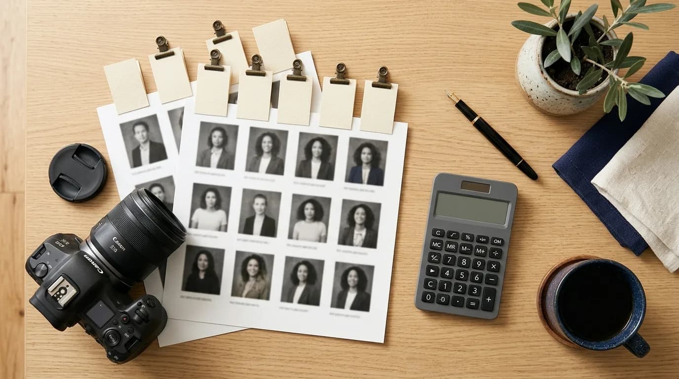 Bodegón con una cámara, hojas de contactos, siete etiquetas de precio en blanco, una calculadora y café que representa las horquillas de precios de los headshots