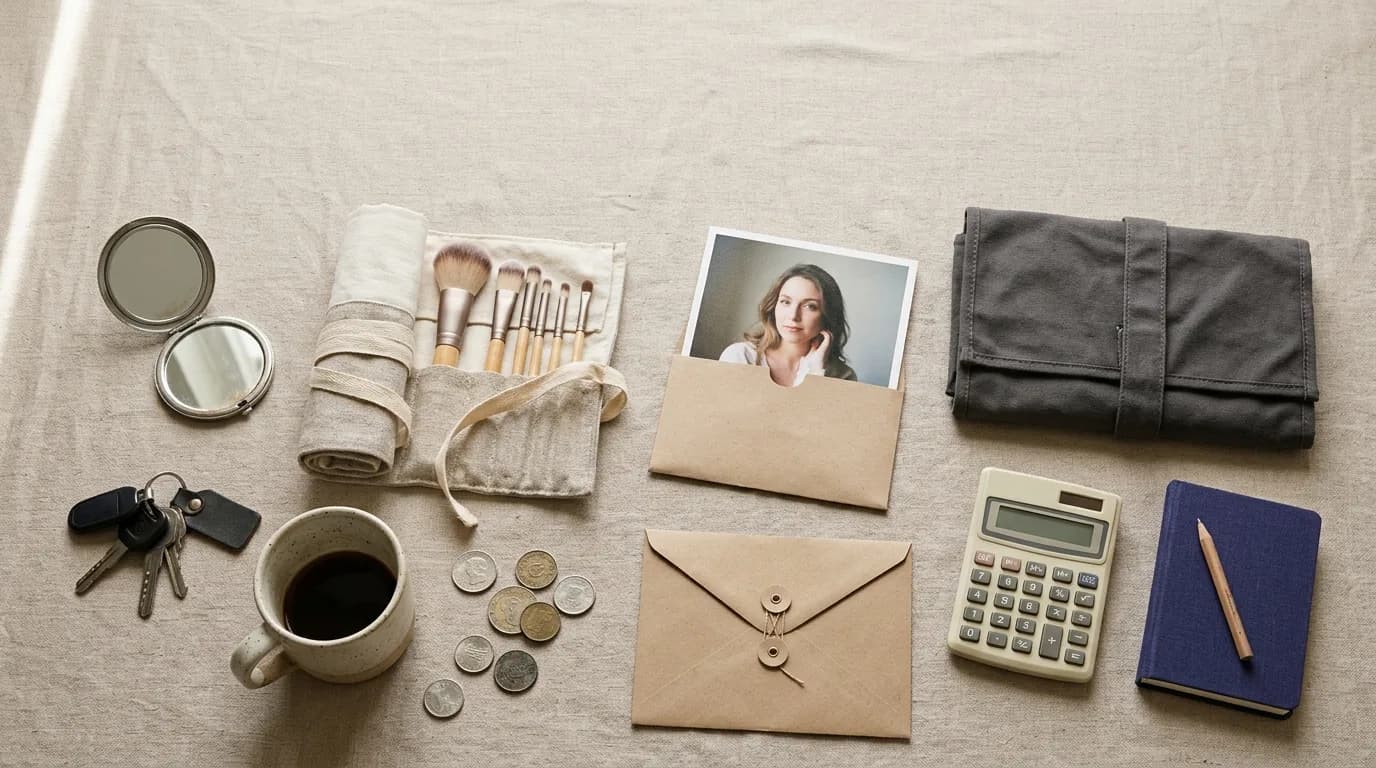 Bodegón con maquillaje, un retrato impreso, sobres, llaves, monedas y una calculadora que representa los costes ocultos de un headshot