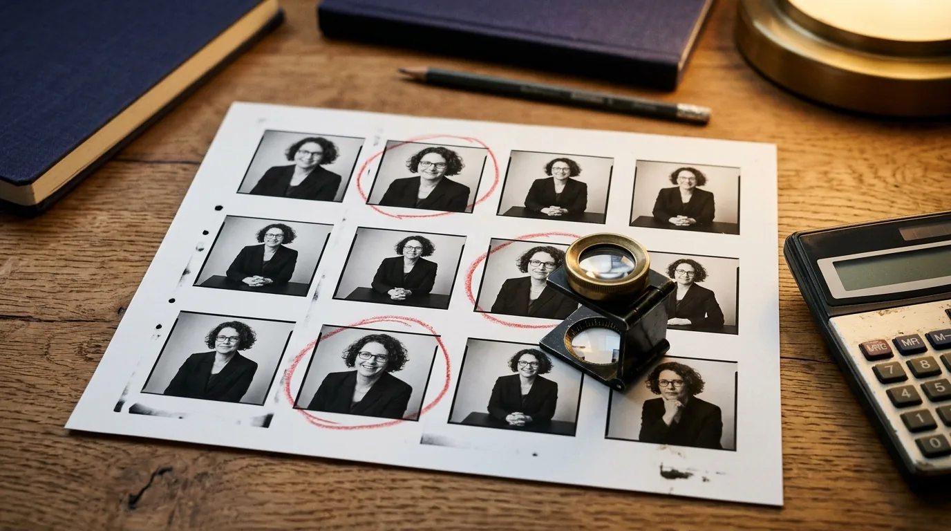 Hoja de contactos con tres marcos de retrato rodeados en rojo, una lupa y una calculadora