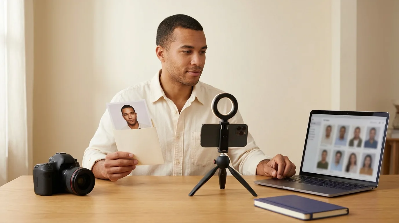 Profesional comparando un headshot impreso con un montaje de móvil y un portátil que muestra opciones de retrato