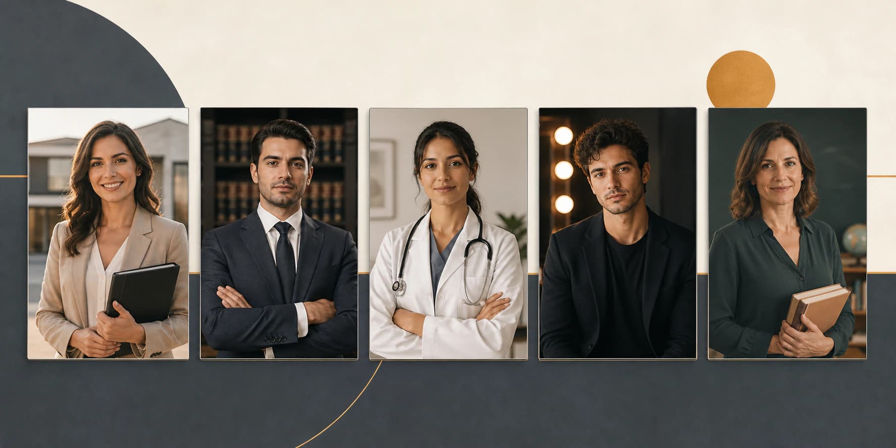 Serie de fotos de perfil profesionales para distintas profesiones — agente inmobiliario, abogado, médico, actor y profesor